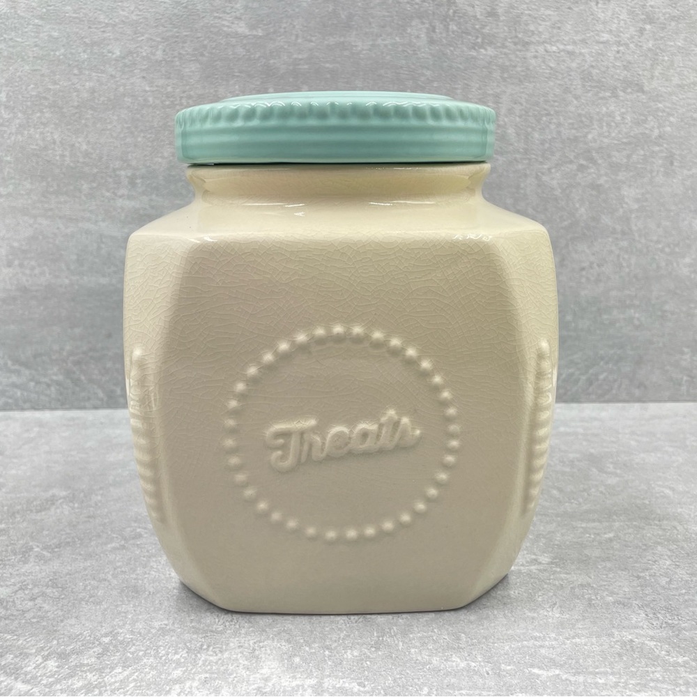Stoneware Treats Jar Cookie Canister 8x5.5” Teal Lid Natural Crazing by SCM Home